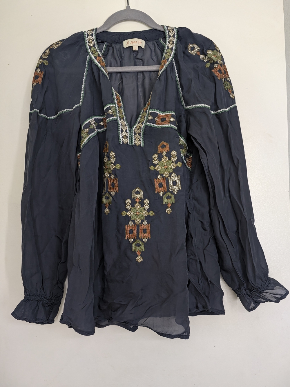 All About Her Navy Embroidered Sheer Boho Tunic